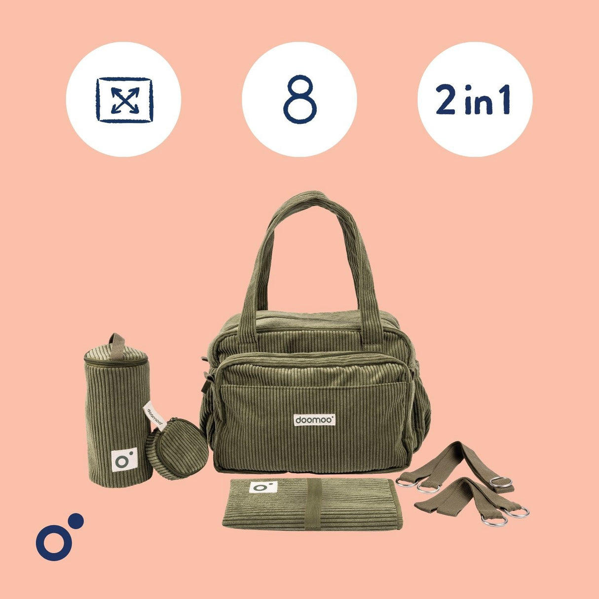 Doomoo Corduroy Khaki Diaper Veske Med 8 Tilbehør