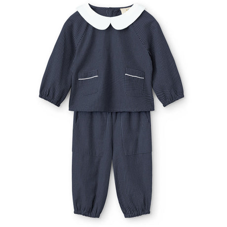 COPENHAGEN COLORS Brown Blue Check Comb. Checkered Baby Sett M/ Bluse M/ Halsbånd & Bukser