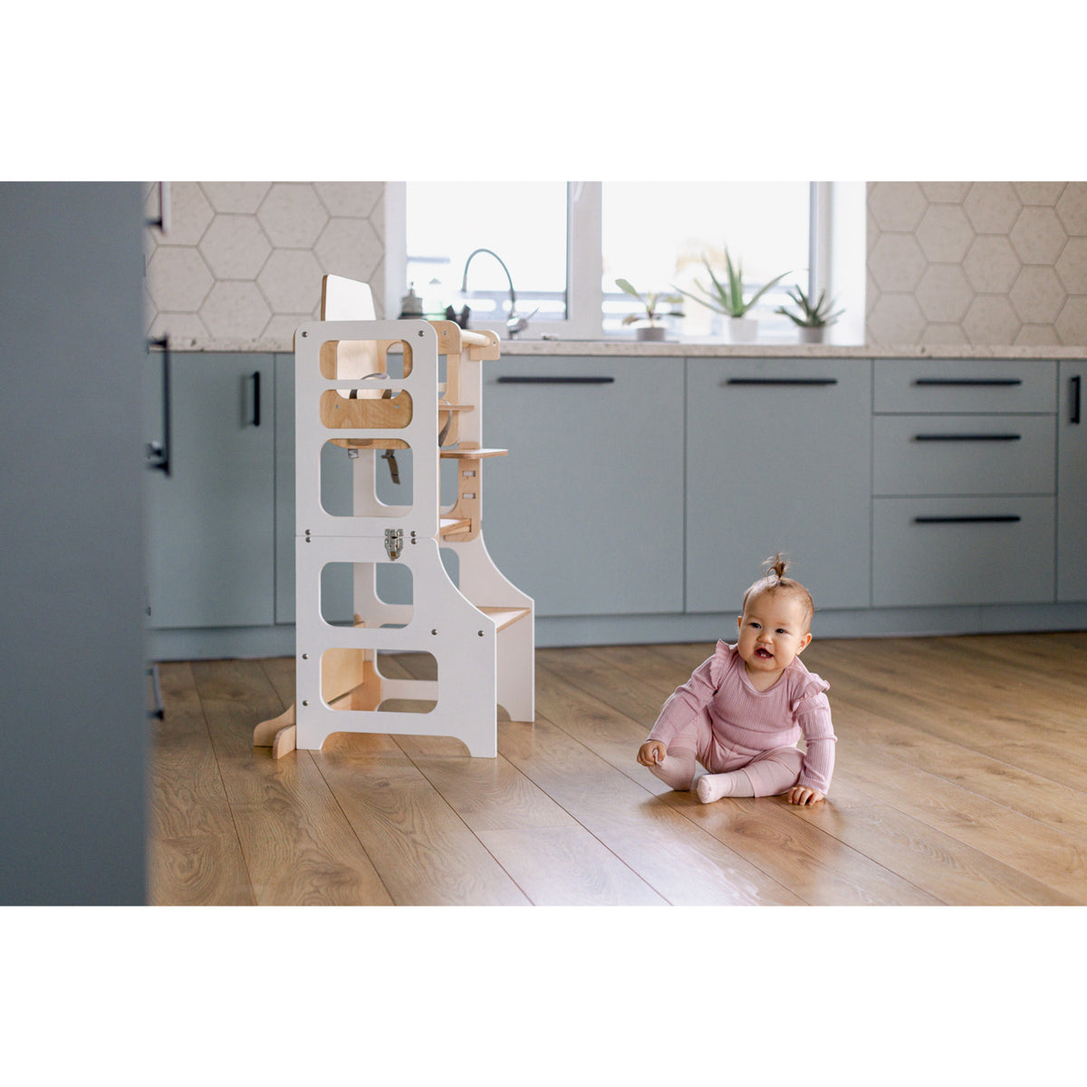 Duck Woodworks White Foldbar EC Kitchen Tower Med Højt Stol Addon Sett