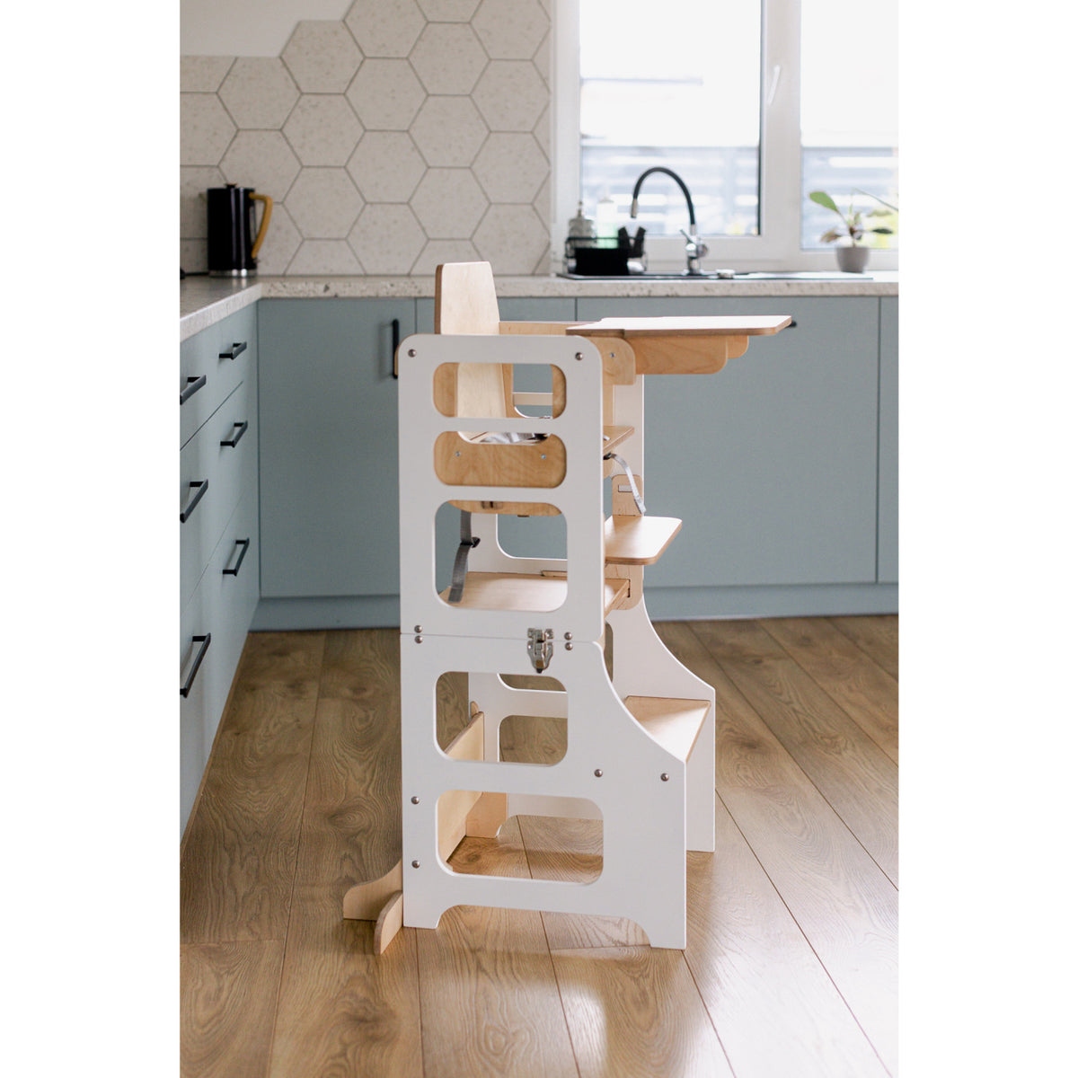 Duck Woodworks White Foldbar EC Kitchen Tower Med Højt Stol Addon Sett