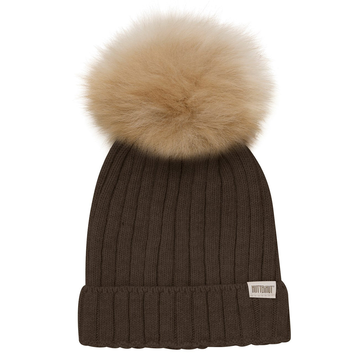 Huttelihut Dark Brown Melange lue strikket W. alpakka pompom