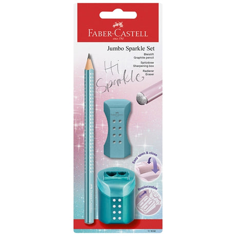 Faber-Castell Sparkle Jumbo Blyant, Viskelær, Blyantspisser - Turkis