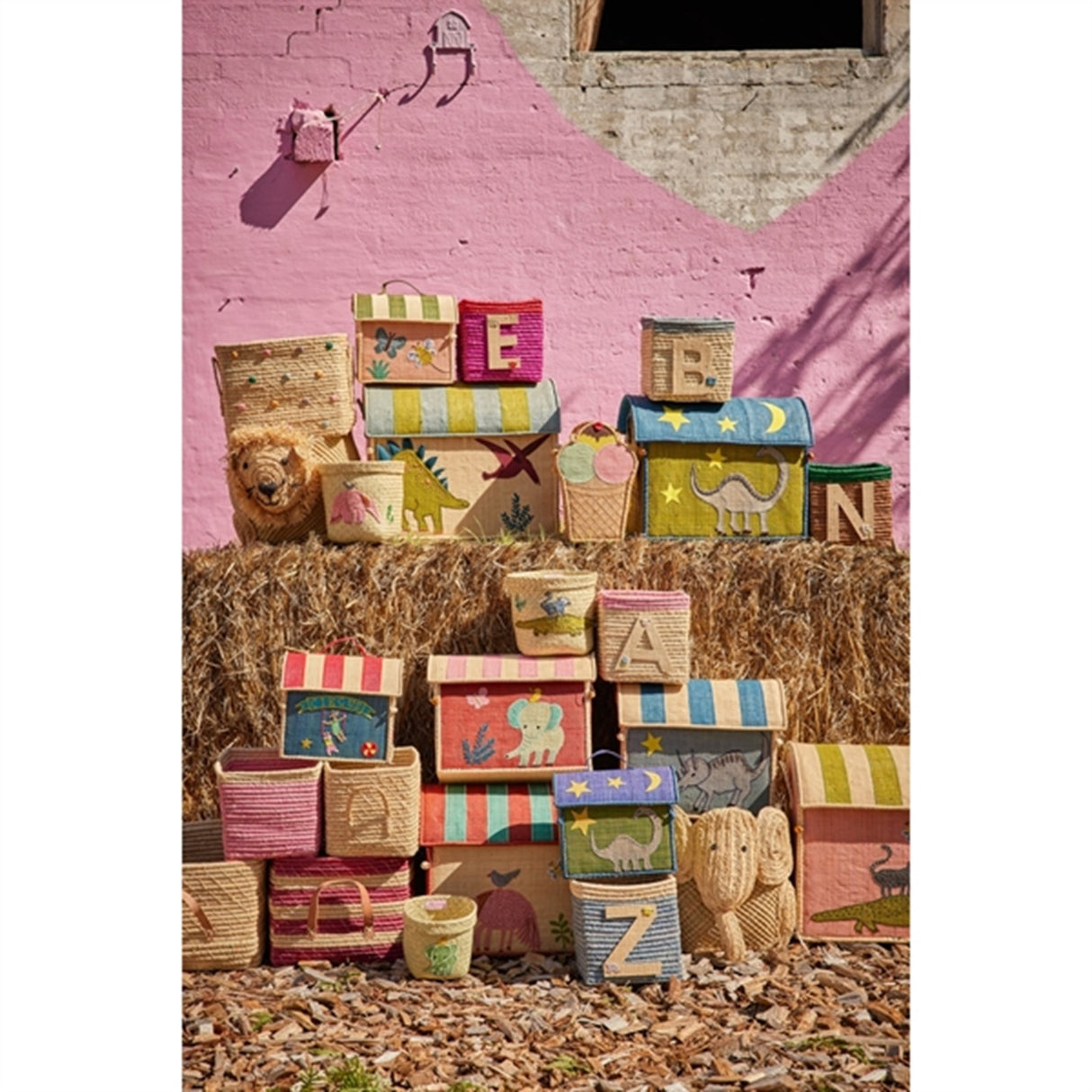 RICE Dinosaur Theme Kurvehus til Oppbevaring 3-pakning