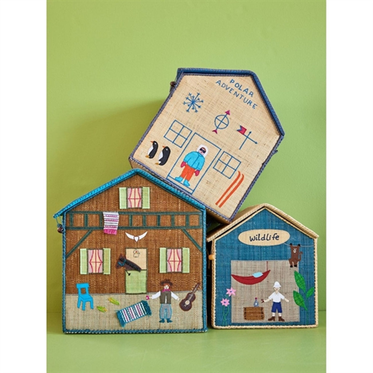 RICE Adventure Theme Raffia Kurvehus til Oppbevaring 3-pakning