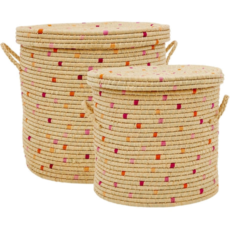 RICE Red Details Rund Raffia Oppbevaringskurv 2-pakning