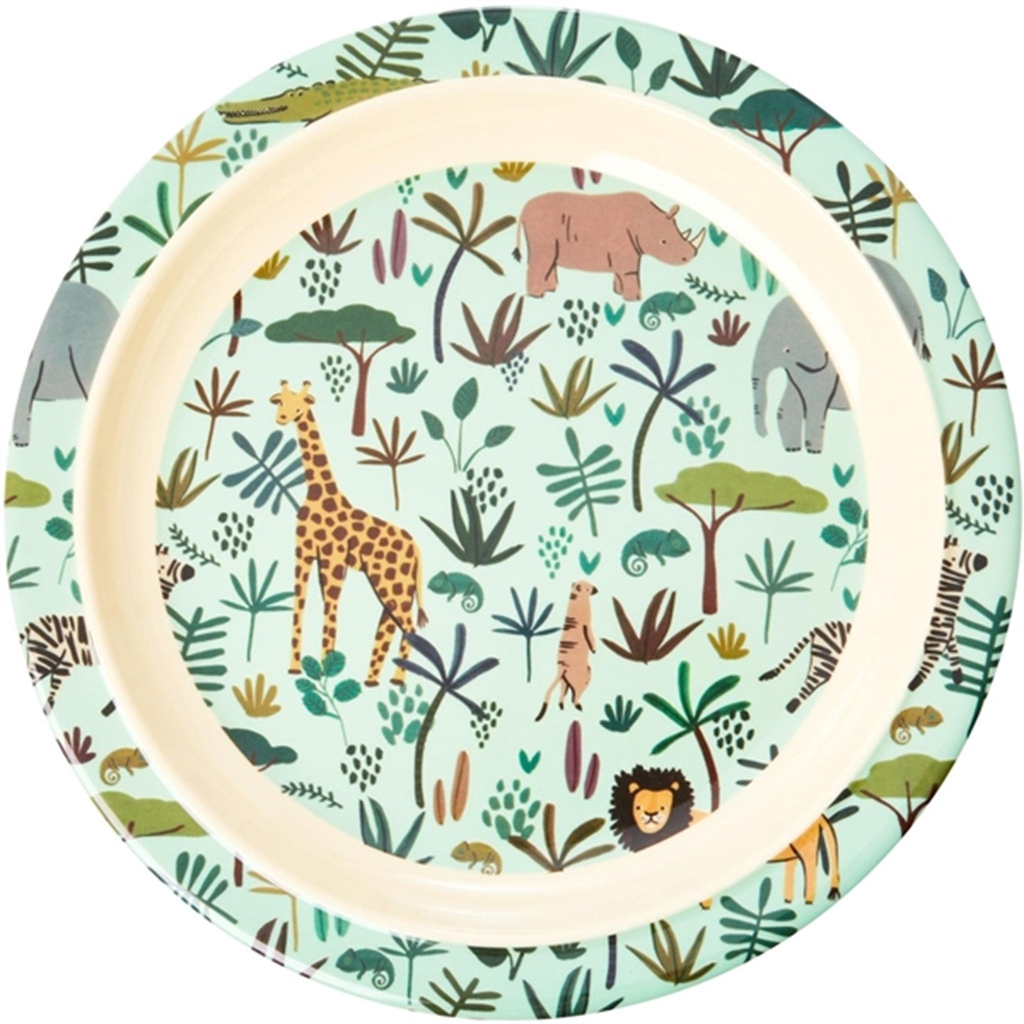 RICE Green All Over Jungle Animals Print Melamin Børnetallerken